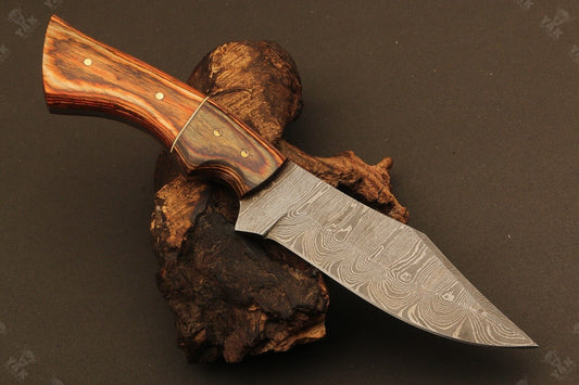 9" Hand Forged Damascus Steel Knife Damascus Bowie Knife with Natural Wood Handle & Sheath