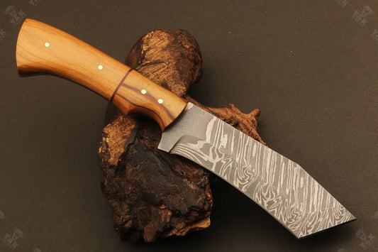 9" Hand Forged Damascus Steel Knife with Natural Wood Handle & Leather Sheath