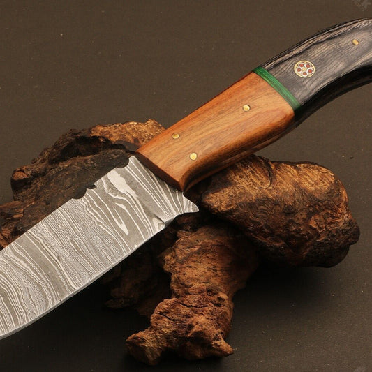 9" Hand Forged Twist Damascus Steel Drop Point Bowie Knife | Camel Bone & Wood Handle