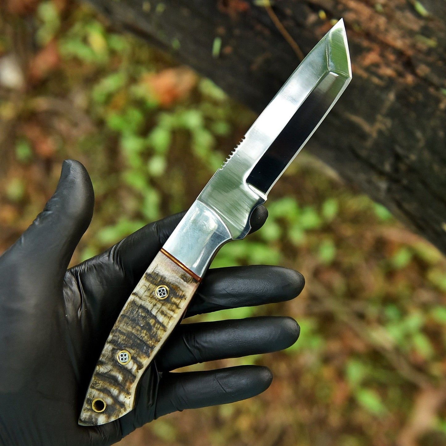 9" Handmade 52100 Steel Tanto Skinner Knife with Sheep Horn Handle & Leather Sheath