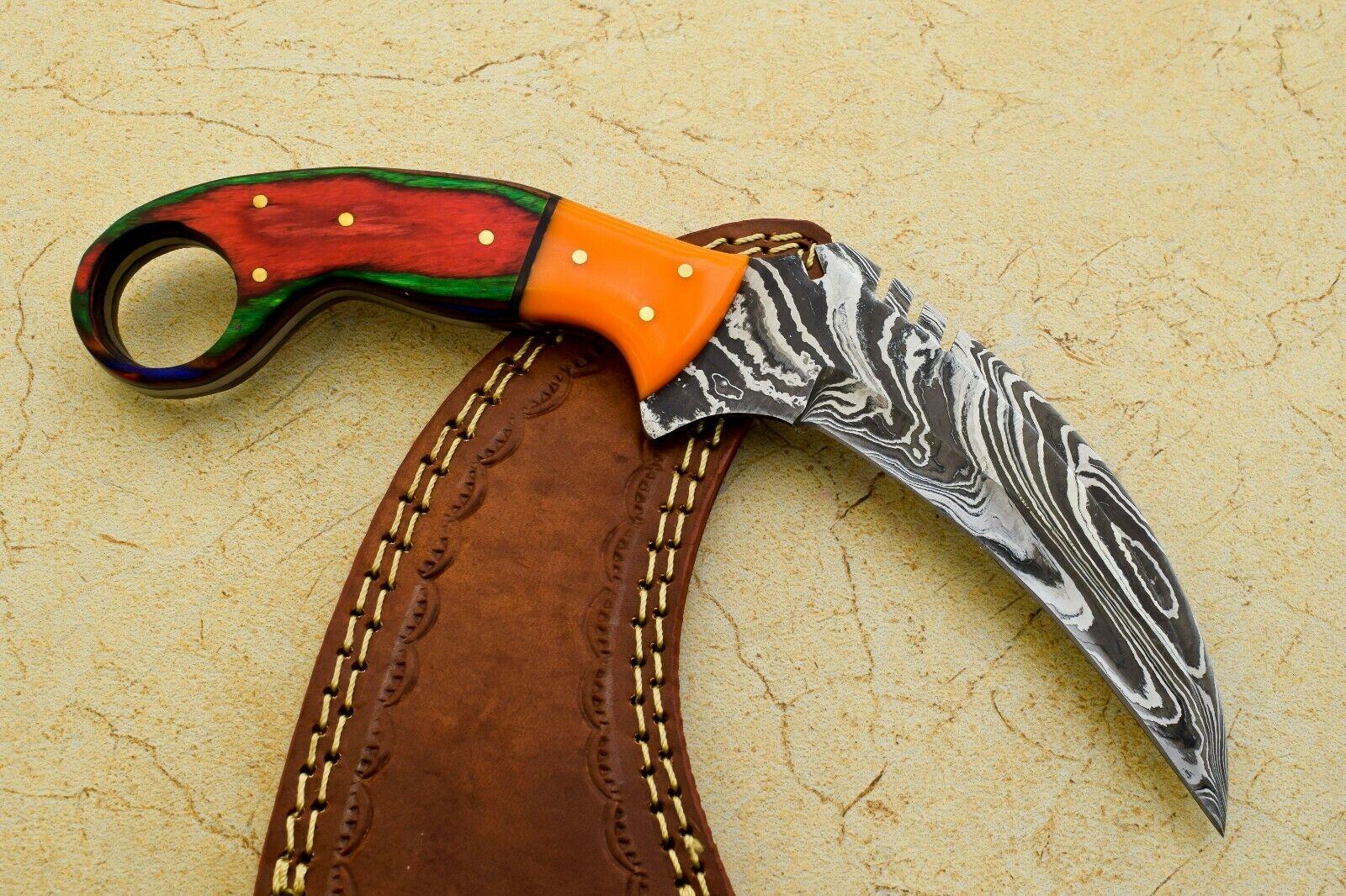 9" Handmade Best Karambit Full Tang Karambit Damascus Steel Hunting Knife With Wood and Resin Handle