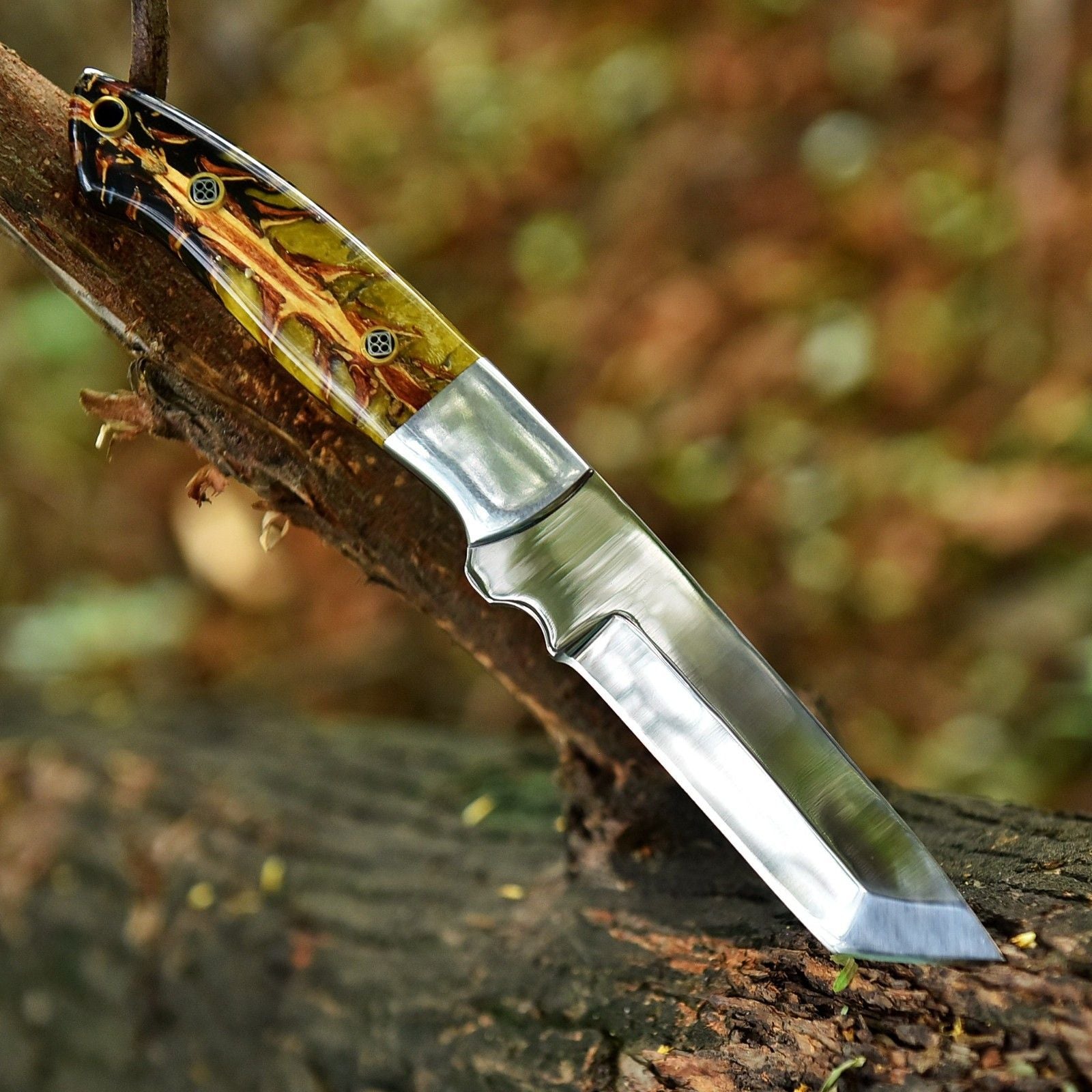 9" Handmade D2 Steel Pine Cone Handle Tanto Skinner Knife with Leather Sheath