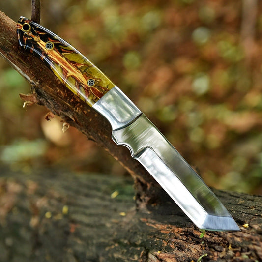 9" Handmade D2 Steel Pine Cone Handle Tanto Skinner Knife with Leather Sheath
