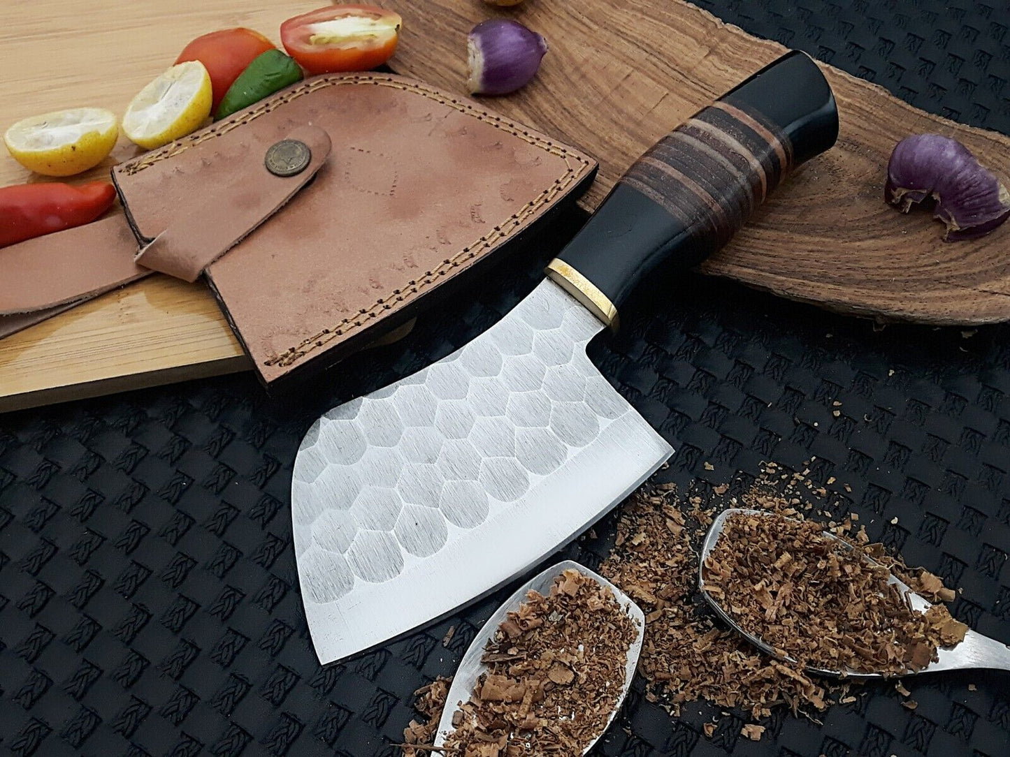 9" Handmade Damascus Cleaver Knife | Serbian Chef Knife | Hand Forged Butcher Knife with Walnut Handle & Leather Sheath