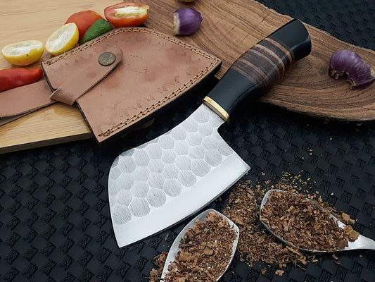 9" Handmade Damascus Cleaver Knife | Serbian Chef Knife | Hand Forged Butcher Knife with Walnut Handle & Leather Sheath
