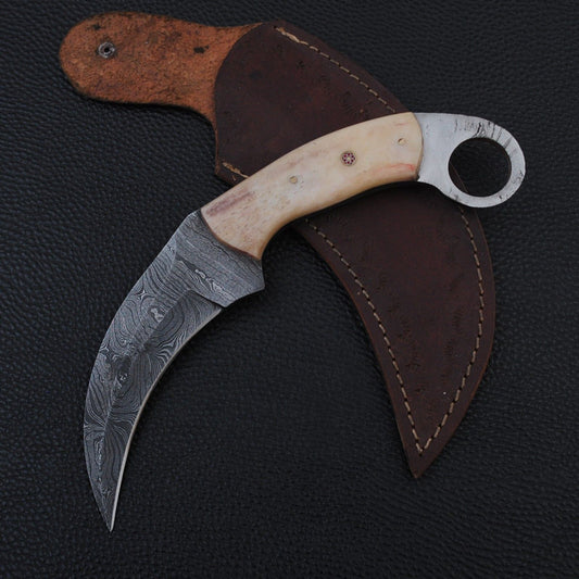 9” Handmade Damascus Karambit Knife  Best Karambit With Bone Handle and Sheath