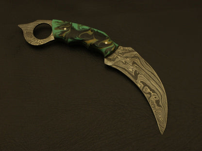 9” Handmade Damascus Karambit Knife Best Karambit With Resin Handle & Damascus Bolsters 