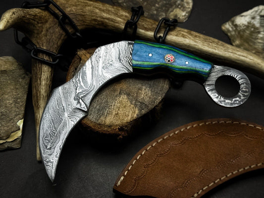 9” Handmade Damascus Karambit Knife Custom Damascus Steel Karambit with Wood Handle