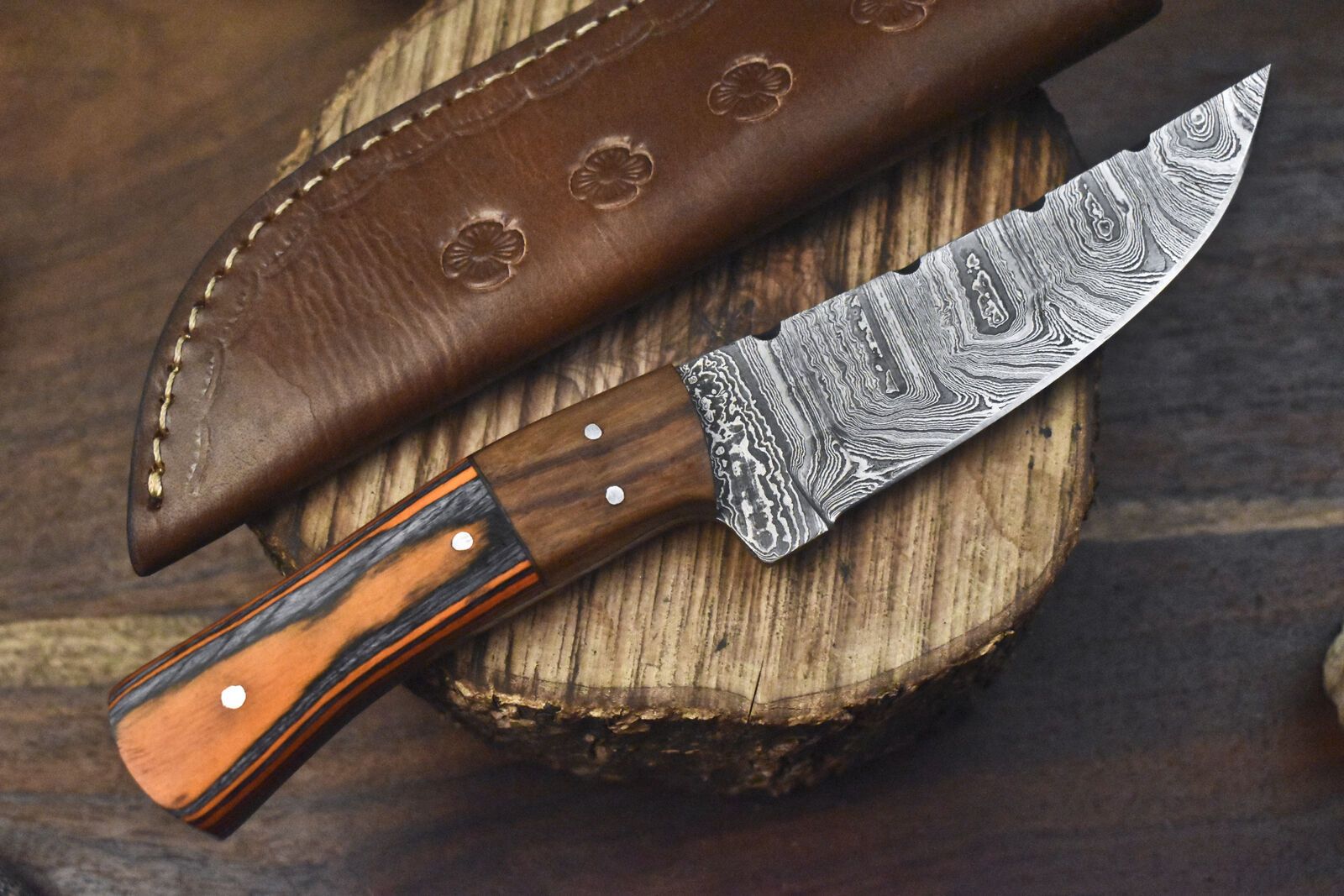 9" Handmade Damascus Skinner Knife with Twist Blade, Hardwood Handle, and Wooden Bolster