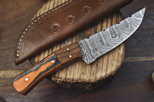 9" Handmade Damascus Skinner Knife with Twist Blade, Hardwood Handle, and Wooden Bolster