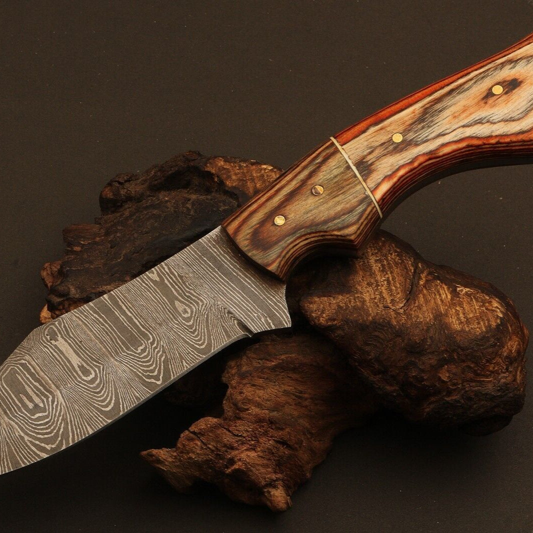 9" Handmade Damascus Steel Drop Point Bowie Knife – Natural Wood Handle