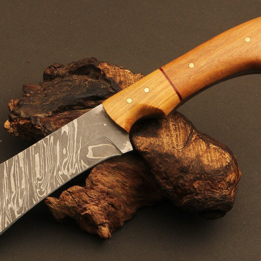 9" Handmade Fire Damascus Steel Tanto Hunting Knife – Natural Wood Handle