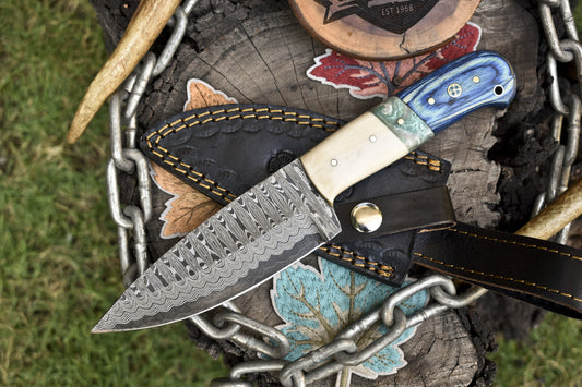 9" Handmade Ladder Damascus Skinner Knife Mixed Material Handle Hunting Razor Sharp

