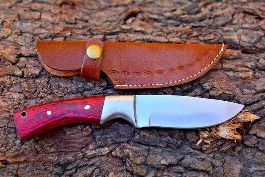 9" Handmade Skinner Knife – Stainless Steel Blade, Wooden Handle, Leather Sheath