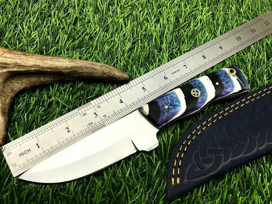 9" Handmade Stainless Steel Skinner Hunting Knife with Resin Handle & Leather Sheath