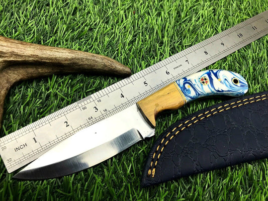 9" Handmade Stainless Steel Skinner Hunting Knife with Wood Handle & Leather Sheath