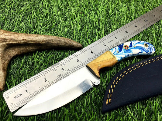 9" Handmade Stainless Steel Skinner Knife – Full Tang Hunting & Survival Blade with Leather Sheath
