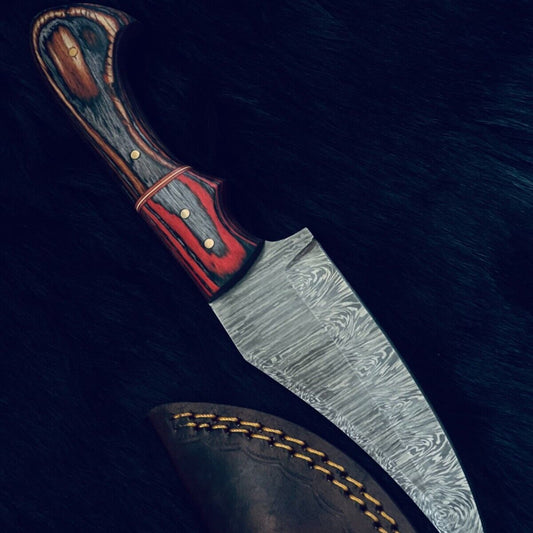 9" Handmade Twist Damascus Steel Bowie Hunting Knife with Camel Bone & Wood Handle