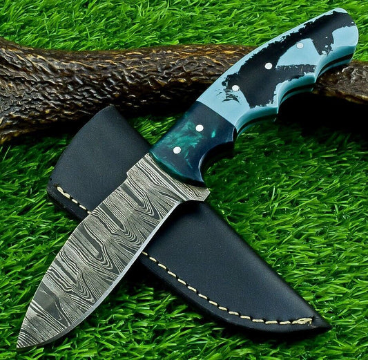 9" Heritage Forge Full Tang Damascus Bowie Knife – Resin Handle with Leather Sheath