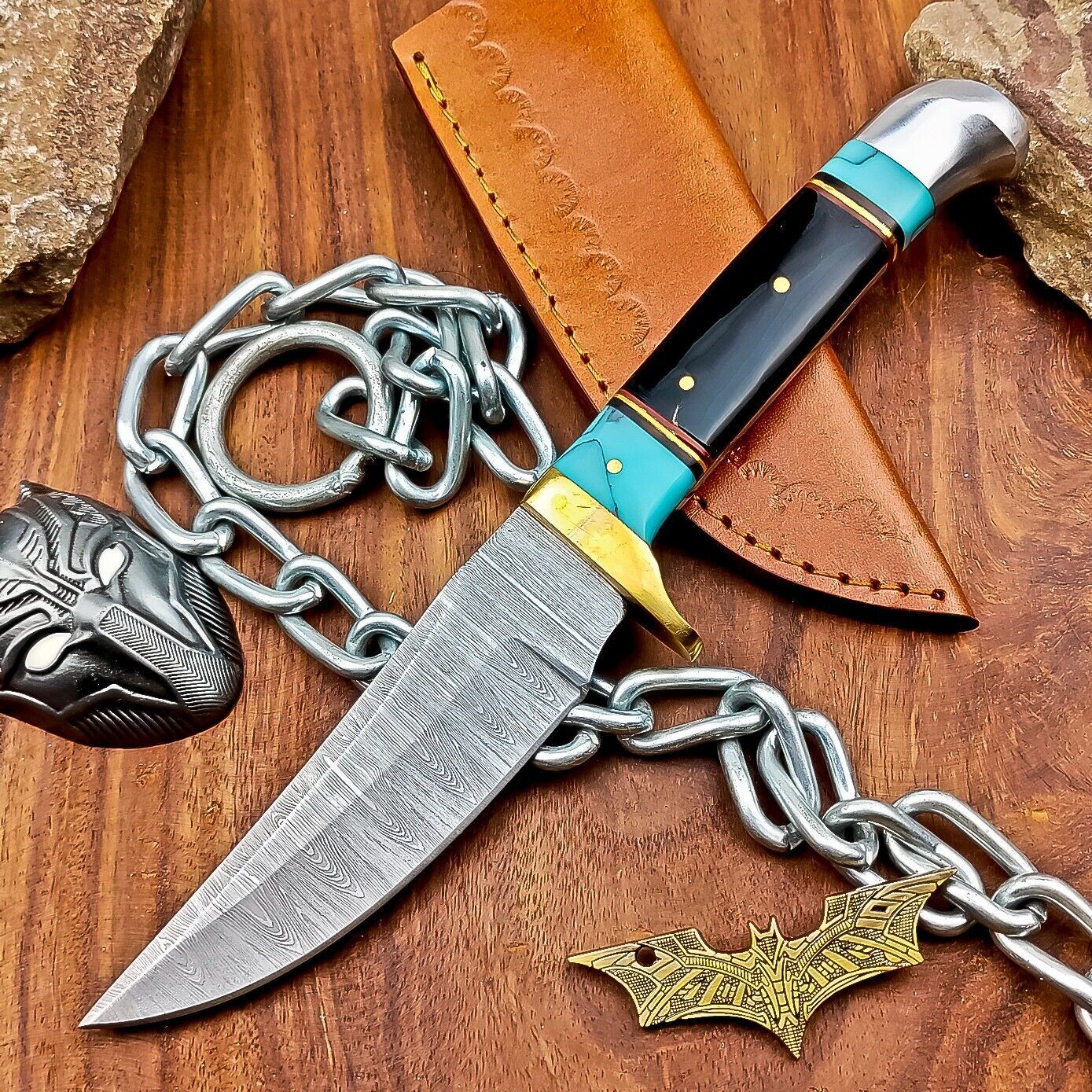 9" Heritage Forge Handmade Damascus Hunting Knife – Resin Handle with Leather Sheath