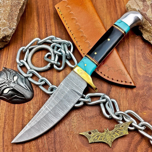 9" Heritage Forge Handmade Damascus Hunting Knife – Resin Handle with Leather Sheath