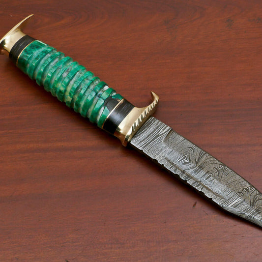 9 Inch Custom Damascus Hunting Knife with Camel Bone and Pakka Wood Handle and Brass Guard