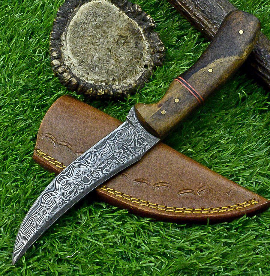9 Inch Custom Damascus Steel Hunting Knife with Natural Wood Handle and Sheath