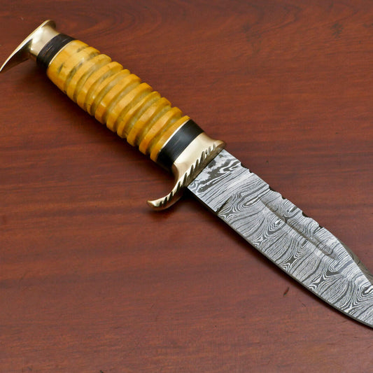 9 Inch Custom Handmade Damascus Steel Hunting Bowie Knife with Camel Bone and Pakka Wood Handle