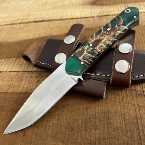 9 Inch D2 Steel Handmade Skinner Knife with Pine Resin Handle and Leather Sheath