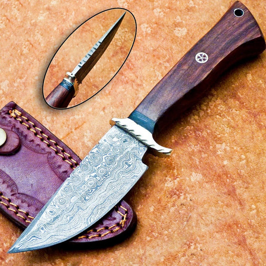 9 Inch Damascus Steel Bowie Knife with Natural Wood Handle