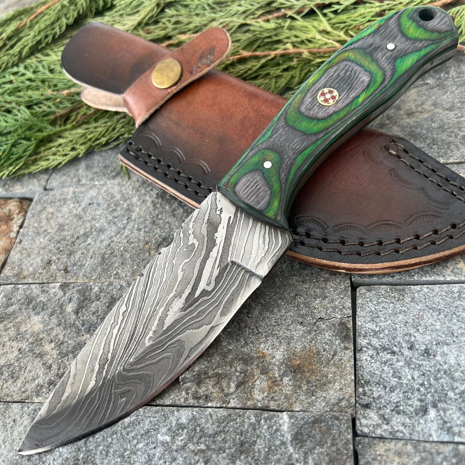 9 Inch Damascus Steel EDC Bowie Knife with Wood Handle and Leather Sheath