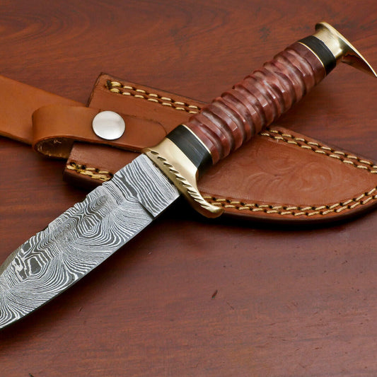 9 Inch Damascus Steel Hunting Bowie Knife with Camel Bone and Pakka Wood Handle Brass Guard