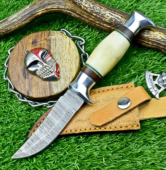 9 Inch Damascus Steel Hunting Knife with Bone Handle and Steel Bolster