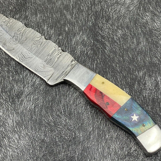 9 Inch Damascus Steel Skinning Bowie Knife with Texas Flag Handle
