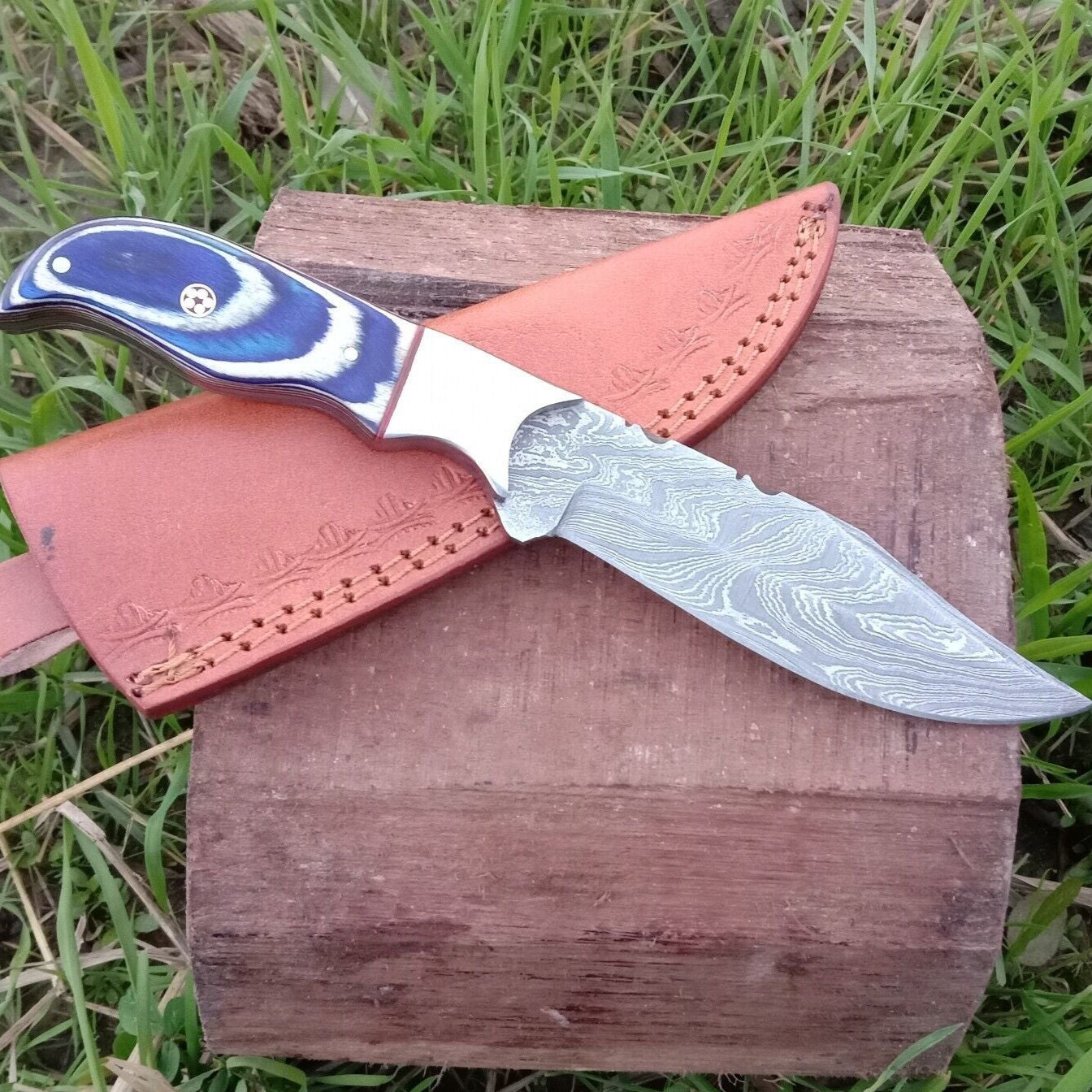9 Inch Handmade Damascus Bowie Knife with Blue Pakka Wood Handle and Leather Sheath