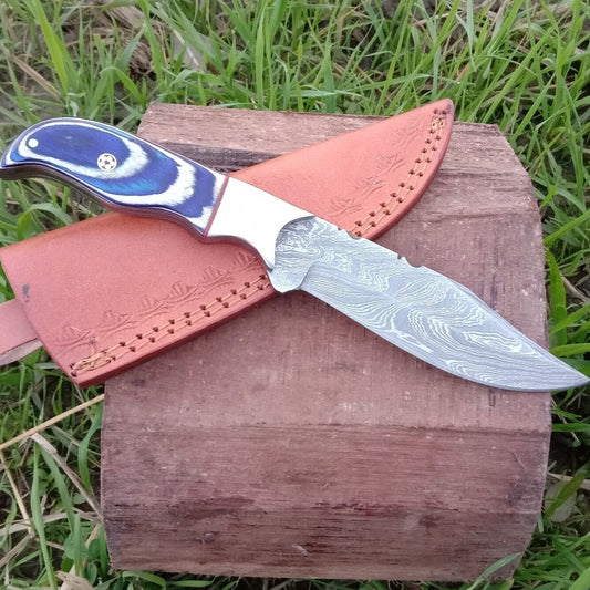 9 Inch Handmade Damascus Bowie Knife with Blue Pakka Wood Handle and Leather Sheath