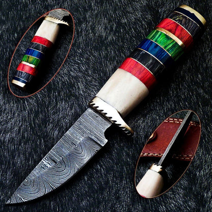 9 Inch Handmade Damascus Steel Bowie Knife with Camel Bone and Hardwood Handle