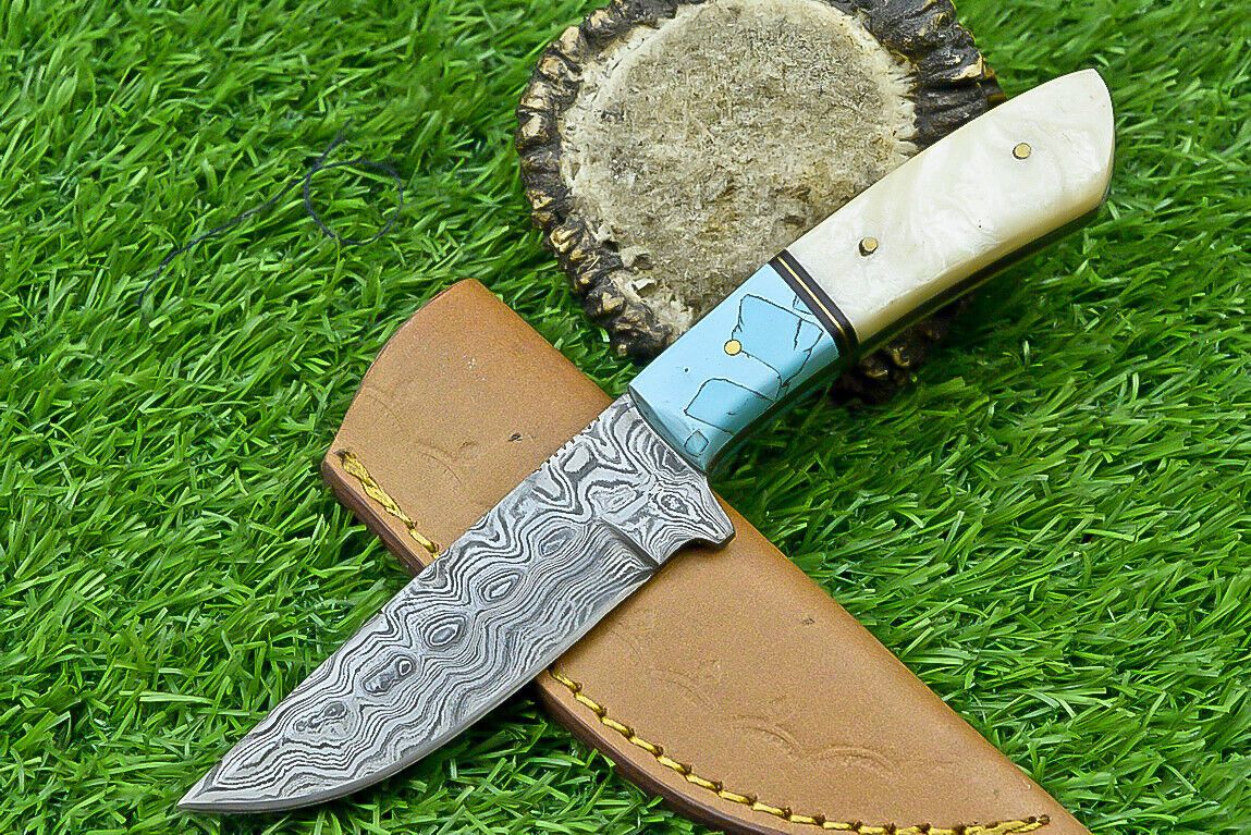 9 Inch Handmade Damascus Steel bowie Knife with bone Handle and Leather Sheath