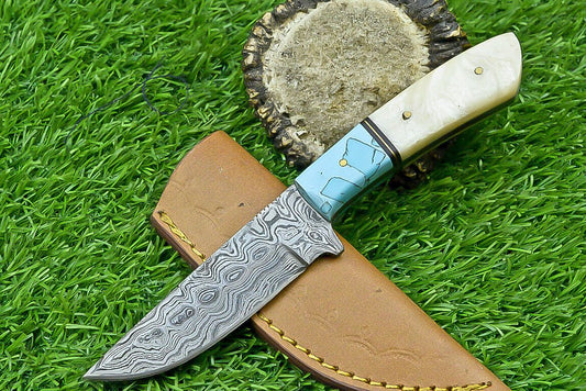 9 Inch Handmade Damascus Steel bowie Knife with bone Handle and Leather Sheath