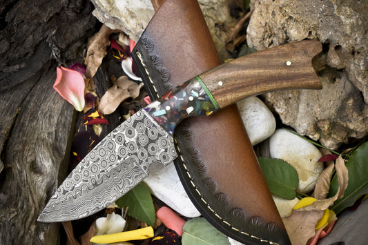 9 Inch Rain Drop Damascus Skinner Knife Walnut Wood Micarta Bolster Fishing Tool
