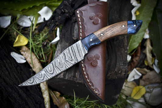 9 Inch Twist Damascus Skinner Knife Walnut Handle Micarta Bolster EDC Tool

