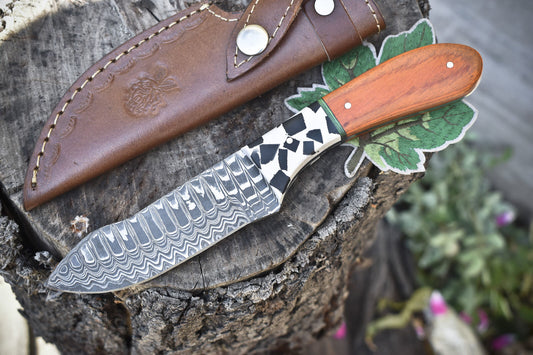 9" Ladder Damascus Skinner Knife Hardwood Handle Micarta Bolster with Sheath
