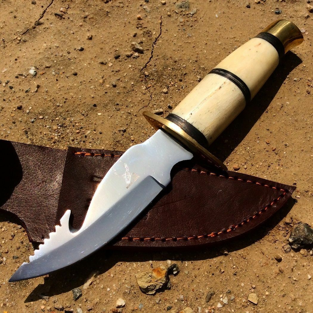 9" Skinner Knife – Bone Handle Hunting Knife with Gut Hook & Leather Sheath