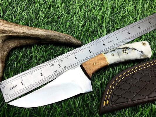 9"  Stainless Steel Skinner Hunting Knife with Wood Handle & Leather Sheath