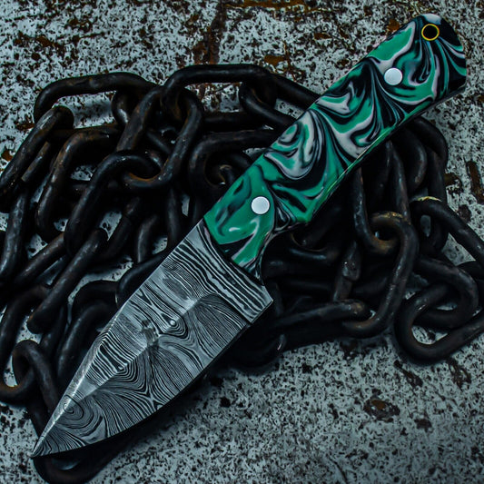 9" Tactical Damascus Bowie Knife – Resin Handle & Hand-Forged Blade