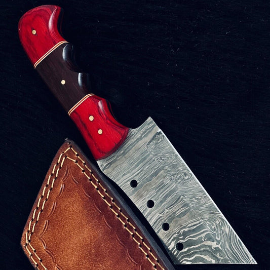 9" Twist Damascus Cleaver Knife – Camel Bone & Wood Handle