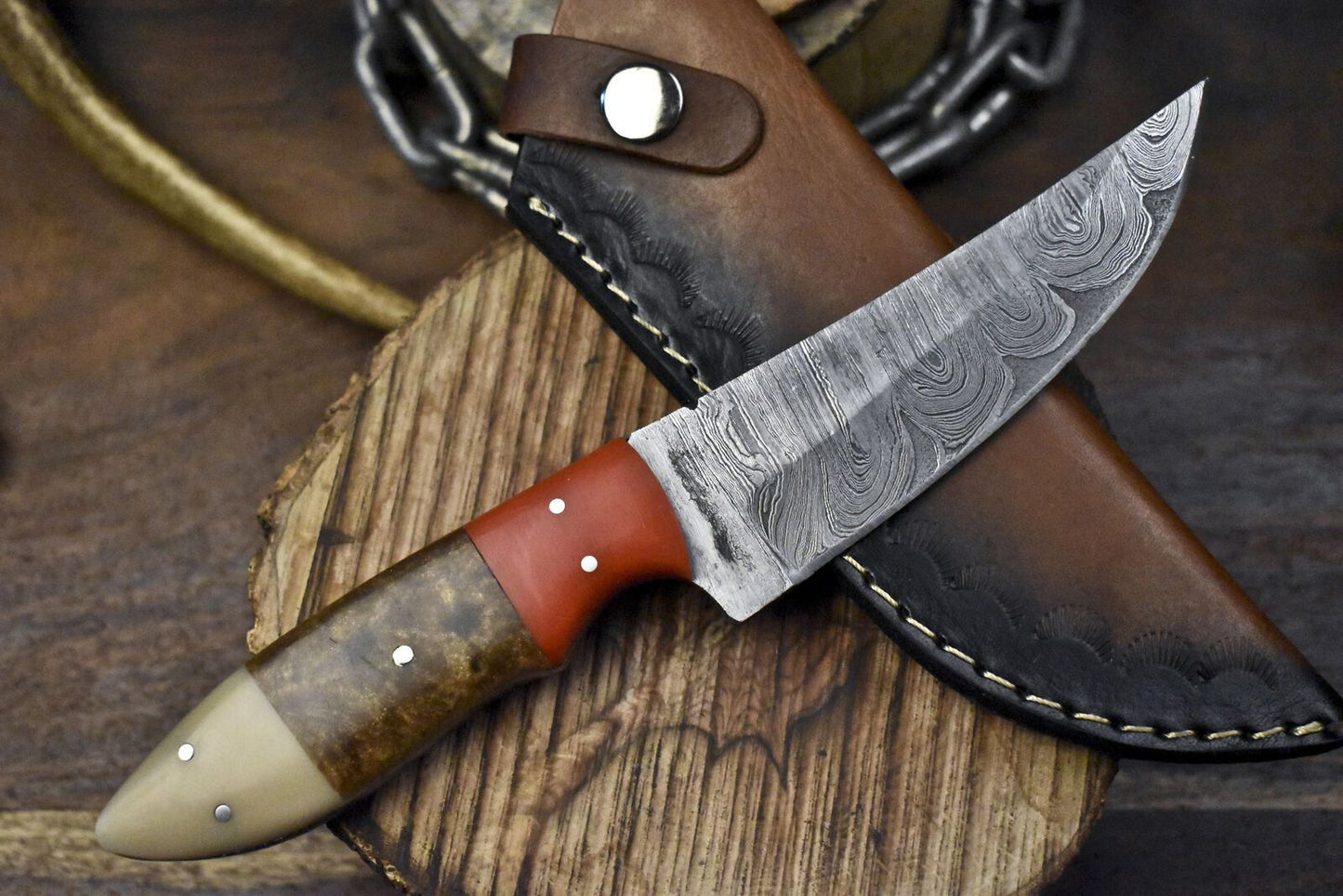 9" Twist Damascus Skinner Knife Corian Handle Custom Forged Camping Tool