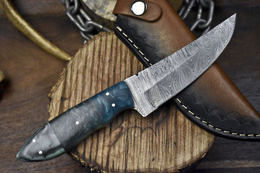 9" Twist Damascus Skinner Knife with Corian Handle and Micarta Bolster – Closeout Hunting Gift