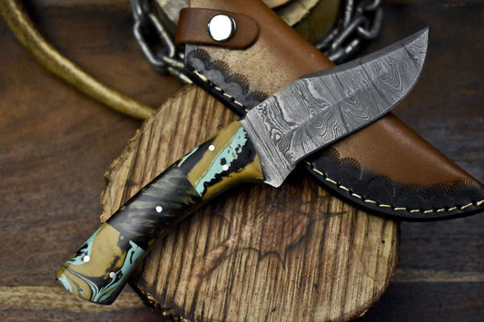 9" Twist Damascus Skinner Knife with Corian Handle and Micarta Bolster – Handmade Hunting Blade

