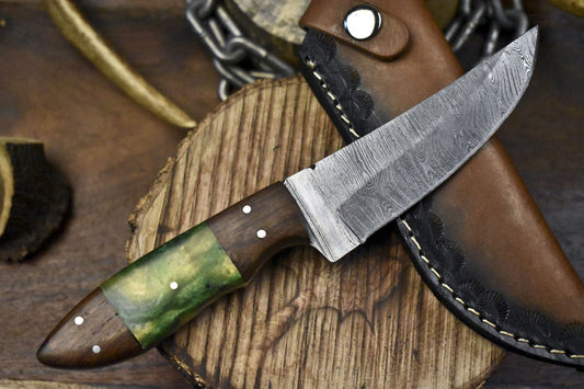 9" Twist Damascus Skinner Knife with Corian Handle and Wooden Bolster – Custom Forged for Sports & Hunting